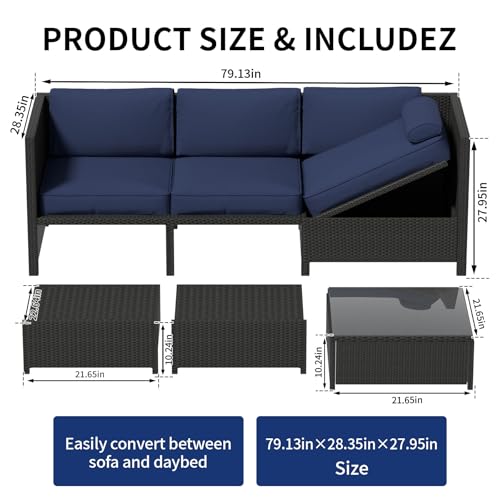 Image of 4 Pieces Outdoor Patio Furniture Set, Sectional Convertible Sofa Bed, Rattan Patio Conversation Sets with Side Table for Garden, Patio, Backyard, Black & Navy Blue