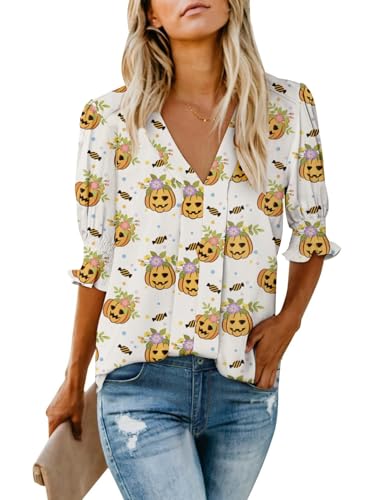 Halloween Costume Women's Dressy Tops Smocked Sleeve Deep V Neck