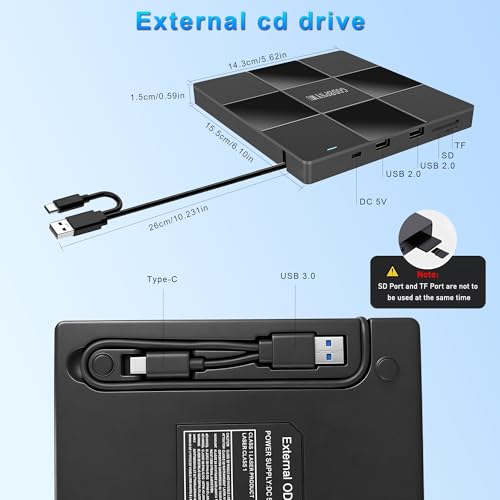 Image of 5-in-1 External CD Drive, DVD Player for Laptops& CD Burner,DVD + /-RW 2 USB Ports, TF /SD Card Reader, Compatible with Windows 11 /10 /8 /7 /XP, Linux, and Mac OS - Includes Case + 4 Sleeves