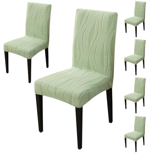 Image of HOKIPO 200 GSM Stretchable Knitting Jacquard Chair Cover Set of 6,'Nestiva Series' Pastel Green (AR-6072-GRN)