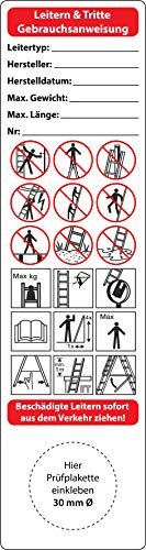 Gebrauchsanweisung Grundplakette Leitern und Tritte Prüfung gemäß DGUV Information 208-016, 50 Stück, 150 x 40 mm, Vinylfolie, selbstklebend, Bedienungsanleitung für Leiterprüfung (50)