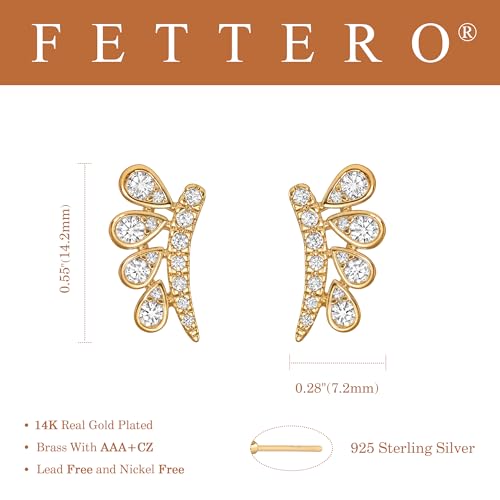 FETTERO Stud Earrings for Women - 14K Gold Plated CZ Hypoallergenic Earrings Studs Dainty Black CZ Leaf Gold Earrings for Women Trendy Statement Jewelry