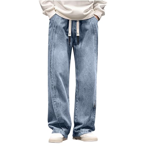 Mens Wide Leg Jeans Pant Drawstring Elastic Waist Trousers with Pockets Loose Fit Spring Winter Casual Denim Pants