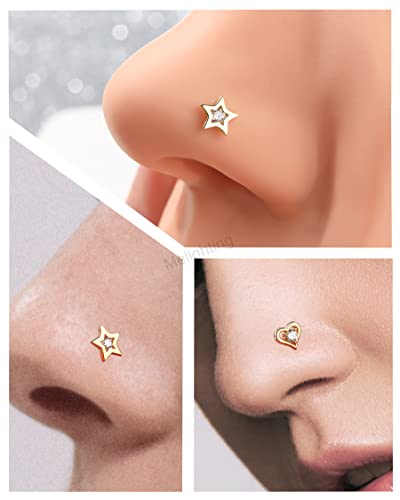 Meiighting Gold Nose Rings 9K 20G Nose Stud Shaped Clear Round Cz Star Nose Piercing Jewelry For Women Men Real Gold #TOP1