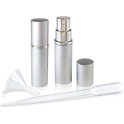 L'AUTRE PEAU Refillable Perfume & Cologne Fine Mist Atomizers with Metallic Exterior & Glass Interior - 5ml Portable Travel Size - 3ml Squeeze Transfer Pipette Included (2 Pack, Silver) Cover