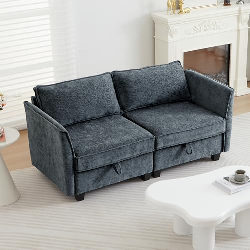 Image of ORRD Small Modular Sectional Sofa, Loveseat Couch with Storage, 2 Seater Sofa Modular for Living Room, Office (Blue Grey)