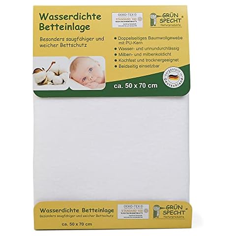 GRÜNSPECHT Wasserdichte Betteinlage 50x70cm, Matratzenschutz, 100 % Baumwolle mit PU-Kern, kochfest & trocknergeeignet, wasserdicht & urinundurchlässig (163-00) Cover