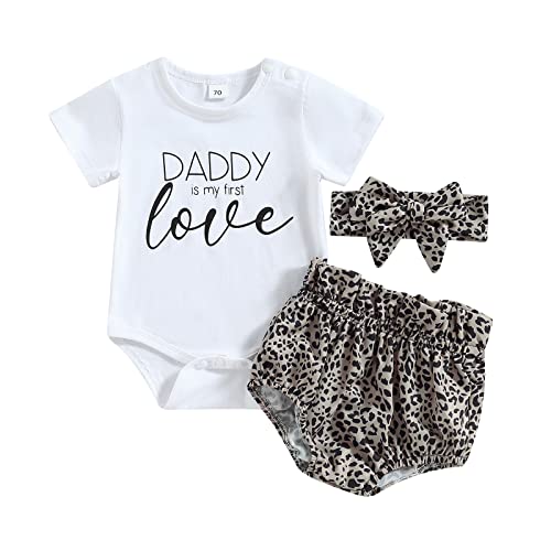 Image of Newborn Infant Baby Girl Outfit 3pcs Letter Print Western Clothes Sets Short Sleeve Tassel T-Shirts Shorts (Khaki Leopard Print, 0-3 Months)
