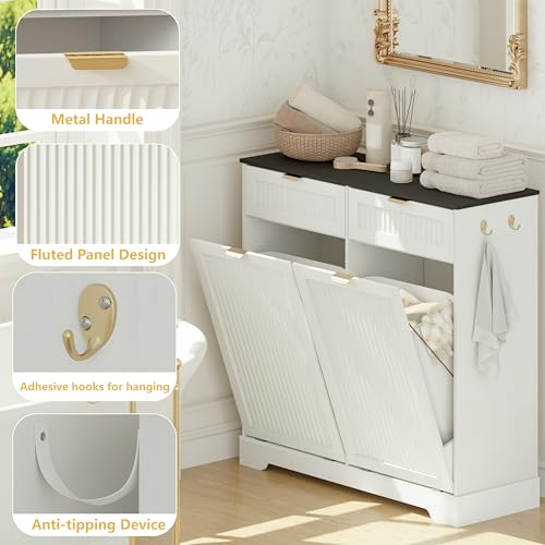 Image of Double 13 Gallon Tilt Out Trash Can Cabinet,Garbage Cabinet with Drawer | Hidden Garbage Storage with Fluted Design, Drawer & Hooks for Kitchen, Dining Room and Small Space Organization,White