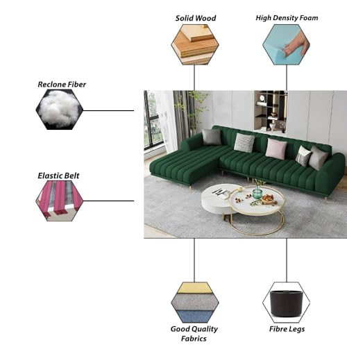 Image of Casaliving Herrick LHS 6 Seater L Shape Sofa Set with 2 Puffy for Living Room (Green Colour Fabric) Premium Velvet Fabric Sofa for Living Room