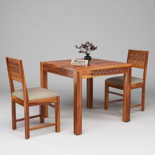 Image of Solid Sheesham Wood 2 Seater Dining Table Set with Cushioned Chairs for Dining Room | Living Room | Home & Office | Hotels Restaurant & Cafe (Honey, 2 Seater)