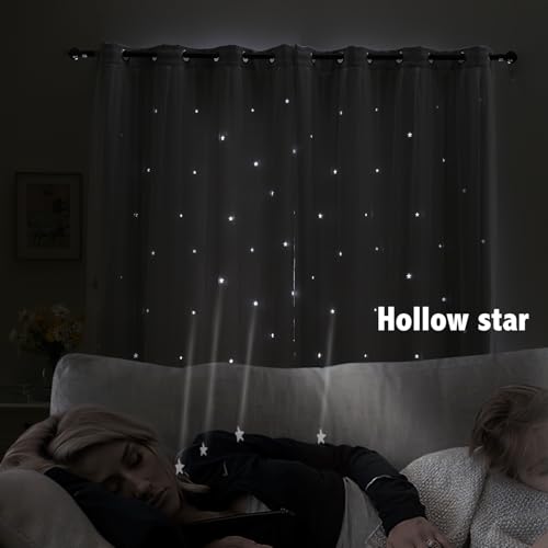 Image of indistar Star Cutout Kids Window Blackout Curtains for Girl Bedroom Window Room Darkening Curtains & Drapes Baby Nursery Curtains (2 Panel,52Wx80L inch,Greyish White)