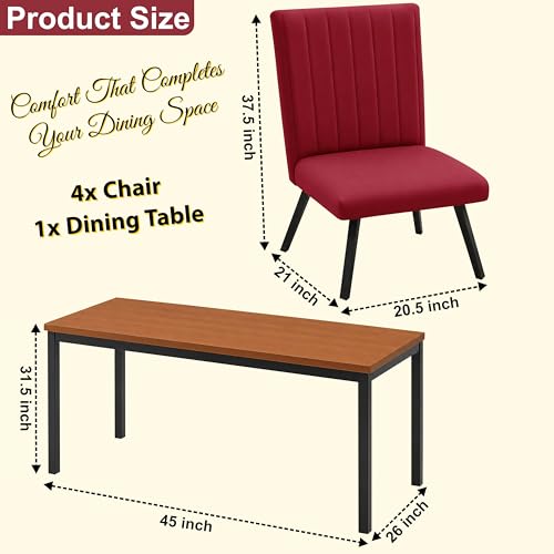 Image of Rosebell Set of 4 Dining Table Chairs with Wooden Top Table, Upholstered Cushioned Chairs, Modern Compact Dining Set for Home, Kitchen & Dining Room (Red)