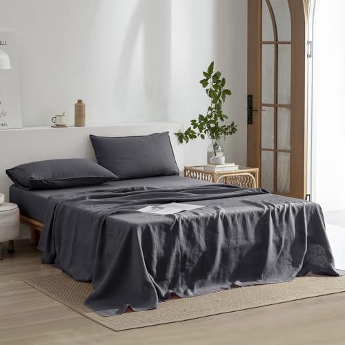 EVERLY Linen Queen Sheets Set, 100% Stonewashed French Linen Bed Sheets Deep Pocket Sheets, 4 Pieces (1 Flat Sheet, 1 Fitted Sheet, 2 Pillowcases) Natural Flax Bedding Set-Dark Grey