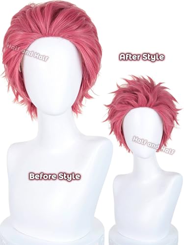 Image of Half and Half Akaza Cosplay Wig Short Rose Red Pink Demon Anime Wig Men's Dark Pink Ghost Layered Wigs for Male Men Halloween Party Daily Unisex Costumes