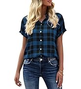 Gekoko Women's Checked Blouse Short Sleeve Tops Casual Loose V-Neck Shirt Blouse for Buttons Sum...