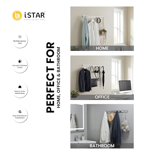 Image of iSTAR Stainless Steel 8 Pin Bathroom Cloth Hooks Hanger Door Bathroom Robe Hooks Rail for Hanging Keys,Clothes,Towel Steel Hook (Silver) (Pack of 1)