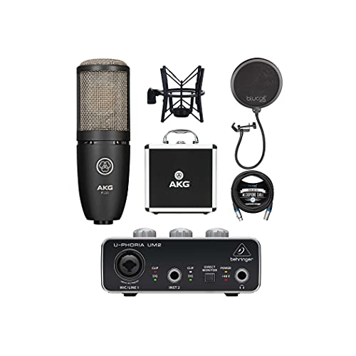 AKG P220 Cardioid Condenser Microphone for Vocals and String Instruments Bundle with Behringer U-PHORIA UM2 USB Audio Interface for Windows and Mac, Blucoil Pop Filter, and 10-FT Balanced XLR Cable