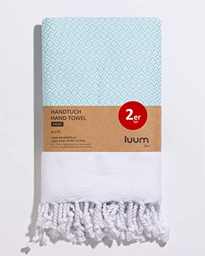 Luum® Set of 2 Hammam Hand Towels Set, Sports Towel Set, Turkish Towel Set, Hair Towel Set, 100% Ring-Spun Cotton, Quick-Drying, Lint-Free, Mint, 45 x 95 cm, Gift Set