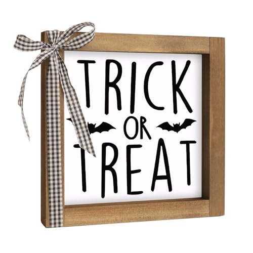 pechpell Trick or Treat Sign, 6 Inch Wooden Halloween Decorative Signage Table Top Decor, Indoor Tabletop Wall Art Shelf Mantel Desk Tiered Tray Rustic Farmhouse Home Decorations