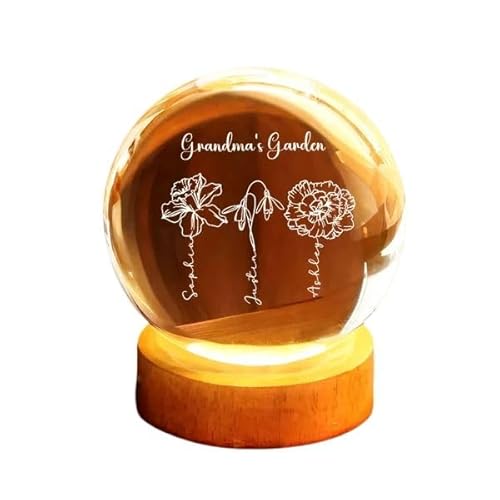 CUSTNEY Mom Garden Custom Birth Month Flowers Crystal Ball LED Night Light, Personalized with Names & Message, Sentimental Gift for Mom or Grandma, Mother's Day Birthday Christmas