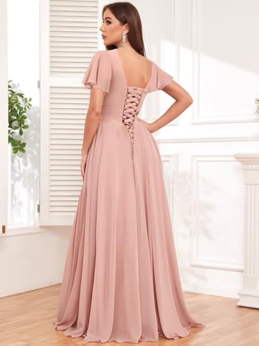 Chiffon Bridesmaid Dresses Long Scoop Neck Short Sleeve Pleated Formal Dress with Slit2