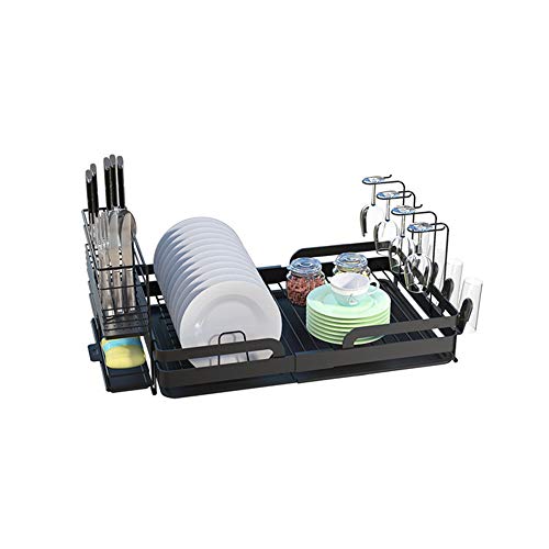 CozyBlock Steel Foldable Dish Drying Rack with Utensil, Cutlery Holder & Glass Hanger – Rust Proof Kitchen Countertop Dish Rack with Extra Large Drainboard Set – Bonus Drinkware Clips