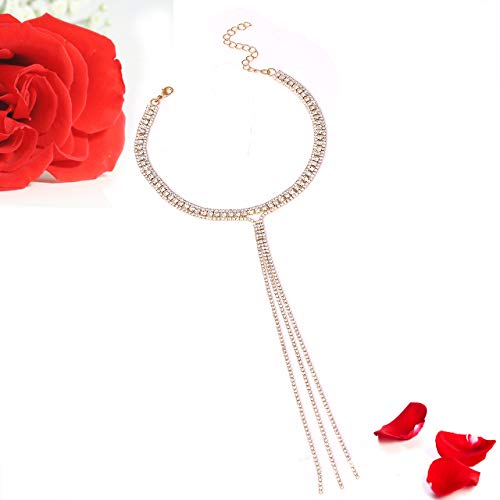 Jertocle 3 Row Rhinestone Choker Necklace Crystal Tassel Wide Collar Necklaces Gothic Diamond Charms For Women Girls (Gold) #TOP1