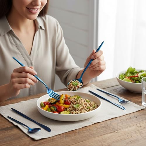 Image of 30 Pcs Blue Cutlery Set for Dining Table the Perfect Lightweight Silim Handle Tableware Including Dinner Spoon, Dinner Fork, Dinner Knife, Dessert Spoon & Dessert Fork