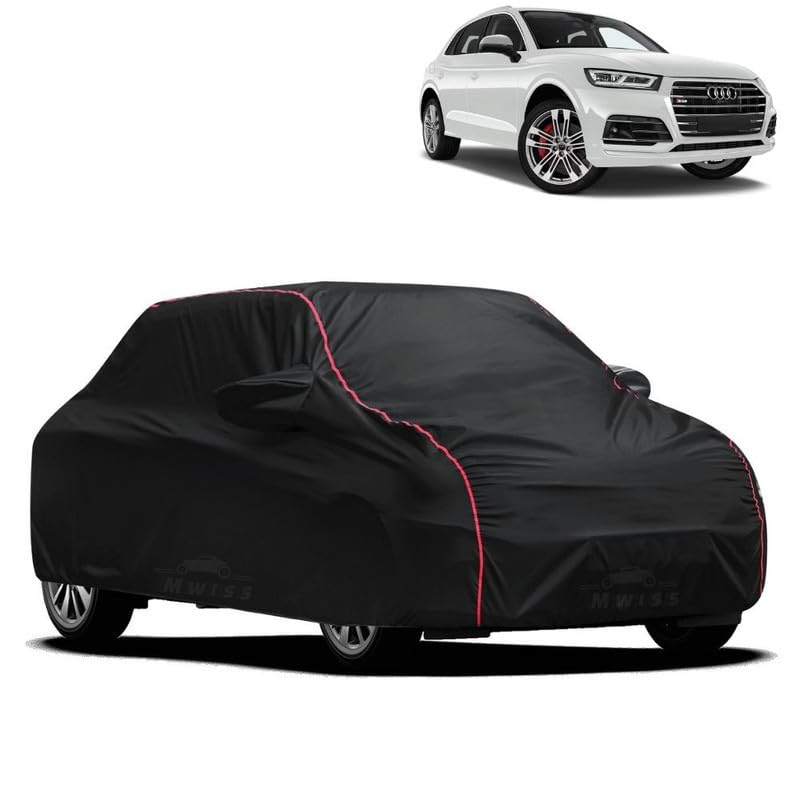 Image of Waterproof Car Cover for Audi SQ5 | All-Weather Protection, Dustproof & UV Resistant | Triple Stitched Mirror Pockets, Windproof Buckle Strap with Elastic Hem, Black-Red Piping
