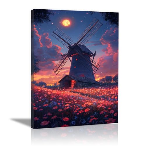 Tableau décoration murale fleurs moulins champ de fleurs rose 40x60