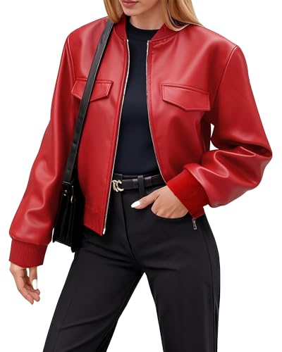 Ommiivex Red Women Faux Jacket Leather Cropped Bomber Coat 2025
