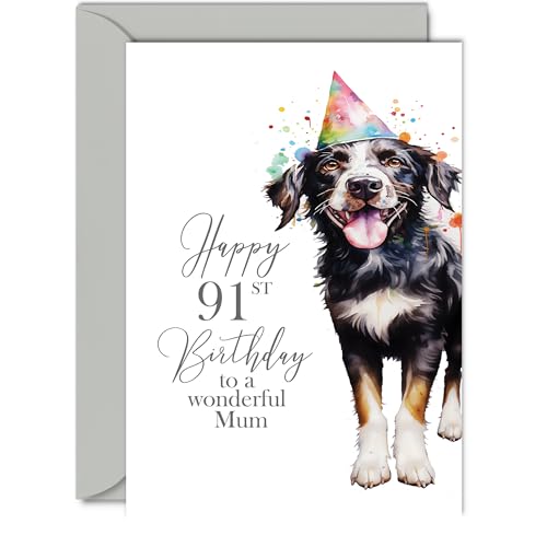 91st Birthday Cards for Mum - Party Dog - Happy Birthday Card for 91 Year Old Mum from Son Daughter, A5 Bday Women Woman Her Greeting Cards Gift for Mum Birthday Gifts