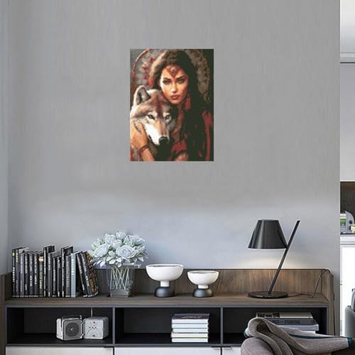 Image of 5D Diamond Art Painting Kits for Adults American Native Indian Girl with Wolves Round Full Drill Diamond Art for Wall Decoration Gift 12x16 inch
