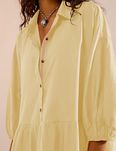 Image of HangNiFang Women's Summer Babydoll Mini Dress Flowy Puff Sleeve Tiered Button Down Oversized Tunic Dress with Pockets