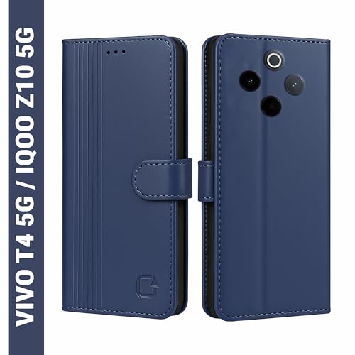 Image of AIBEX Shock Proof Flip Compatible for iQOO Z10 5G / Vivo T4 5G Flip Cover Leather Finish | Inside TPU with Card Pockets | Wallet Stand | Complete Protection Flip Case - Blue
