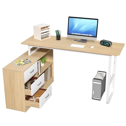 lamphle Escritorio de computadora en forma de L, escritorio de oficina en casa, escritorio de escritura, escritorio de esquina con 3 cajones y 2 estantes, mesa de dormitorio con estante de