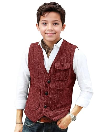 Boys Vintage Herringbone Tweed Suit Vest for Kids Toddler Slim Fit Wedding Tuxedo Waistcoat Youth Boy Formal Dress