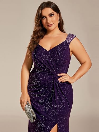 Image of Ever-Pretty Women's Glitter V Neck Sleeveless Plus Size Formal Dresses High Split Bodycon Prom Dress Evening Gowns