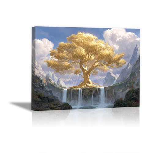 Toile arbre doré féerique QUSAAOU cadeau d'anniversaire idéal paysage encadré