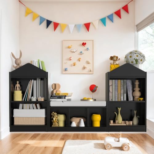 MHOM 68.9“ Kids Bookshelf with Reading Nook, Toy Storage Organizer with Seat Cushion and 7 Storage Cubbies, Wooden Kids Bookcase, Toy Organizers for Nursery, Playroom, Black