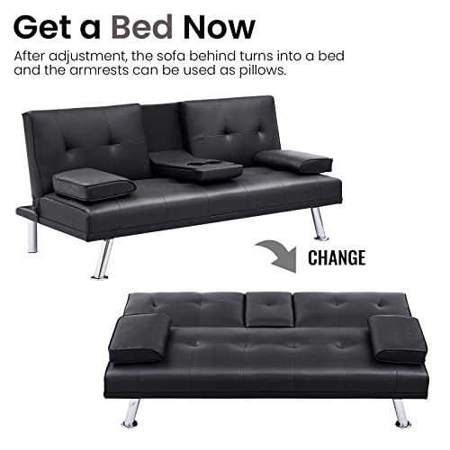 Lamerge Faux Leather Futon Sofa Bed Upholstered Modern Convertible Sofa Bed Small Couch Bed Adjustable Couch Sleeper, Removable Armrests, Metal Legs, 2 Cupholders, Black, 65.7" L X 18.8" W X 29.5" H #TOP4
