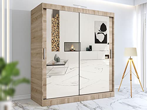 RAC3 Race to Road Stylish Bedroom Sliding Wardrobe with LED Light - Ample Storage Space and Sleek Design comes in White/Grey/Black/Oak and Width 100cm/120cm/150cm/180cm/203cm/250cm (Oak, 180cm)
