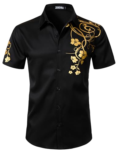ZEROYAA Mens 3D Gold Rose Print Button Down Shirt Floral Short Sleeve Dress Shirts for Party Prom Black Gold Floral Large
