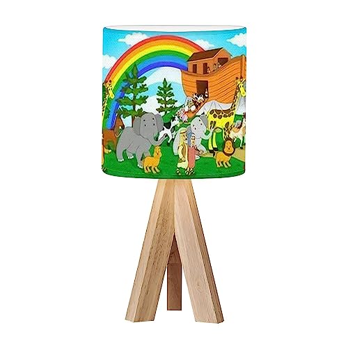 Tripod Bedside Desk Table Lamp Stories Noahs Ark Animals Childrens Printing Wood Nightstand Lamp with Linen Fabric Shade for Nursery Bedroom Kids Room