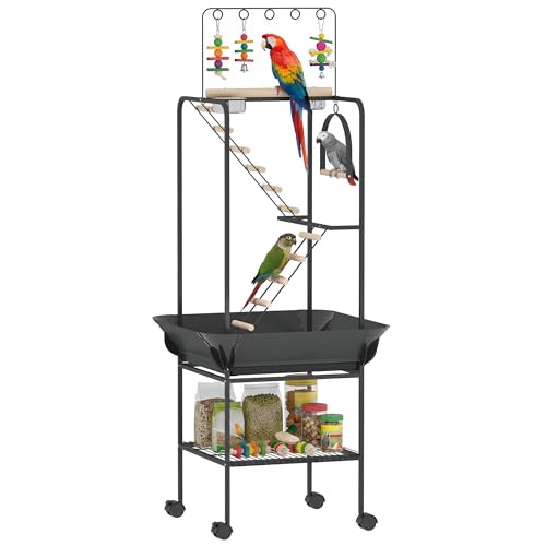 PawHut 64 H Rolling Bird Stand Parrot Playstand with Seed Guard & Wheels Steel Bird Playground Gym with Ladders Swing Toy Hook & Bowls Large Parrot Perch for Cockatiels Conures Parakeets