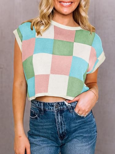 Image of Saodimallsu Womens Cap Sleeve Crop Tops Summer Color Block Going Out Crew Neck Knit Trendy Casual Sweater