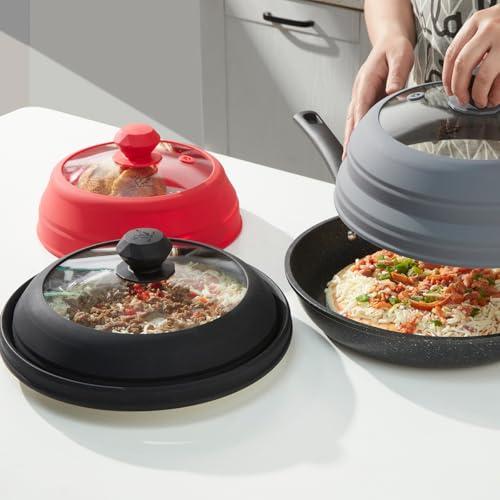 Image of Microwave Splatter Cover Vented Glass Splatter Guard Lid with Collapsible Silicone for Food as Pot Cover Plate 9.8 inch Black