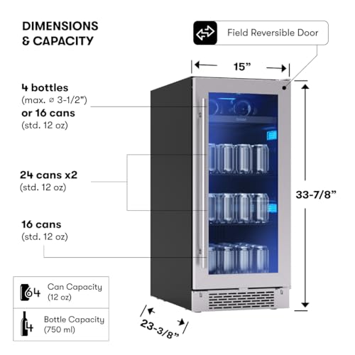 Image of Zephyr Brisas 15 Inch Slim Beverage Fridge Single Zone Under Counter - Narrow Mini Wine & Drink Cooler Small Cabinet Wine Refrigerator Home Bar Freestanding with Glass Door - 4 Bottles, 64 Cans