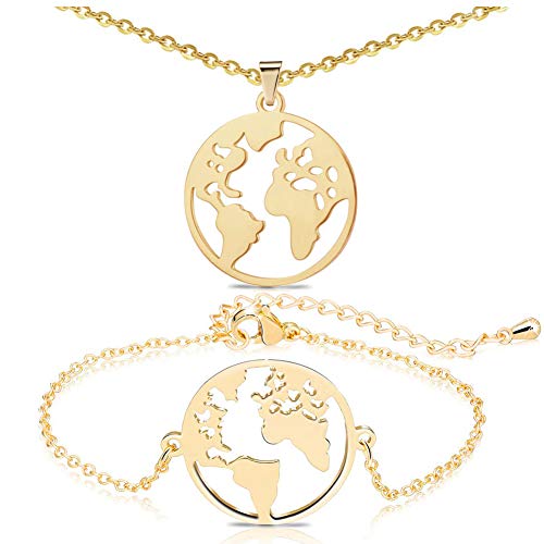 Preisvergleich Produktbild JAHEMU Schmuck Sets Armband Weltkugel Halskette mit Globus Anhänger Edelstahlschmuck Geschenk für Mädchen Herrren 2 Stück (Gold)